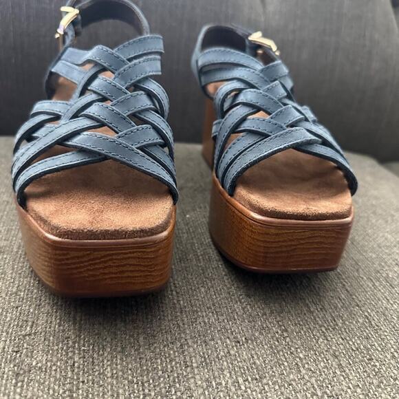 House of Harlow 1960 Georgia Denim Blue Leather Strappy Platform Sandals 6.5M - Picture 8 of 11